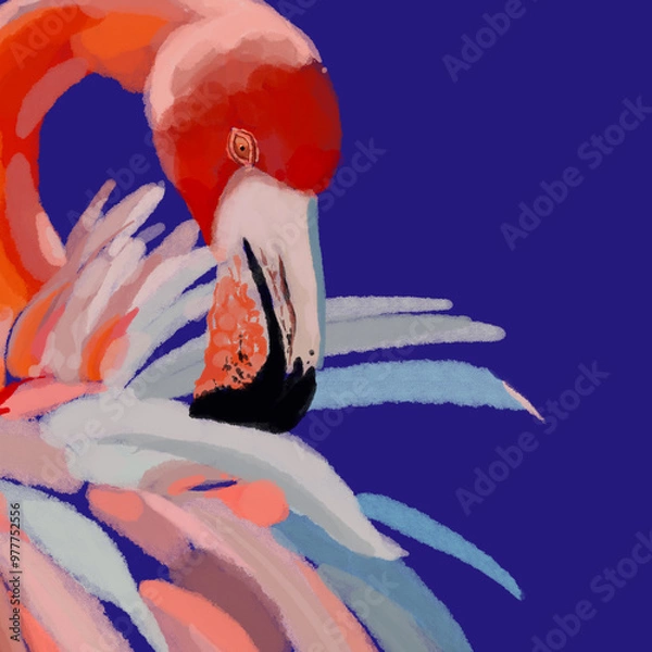 Fototapeta Vibrant watercolor illustration of exotic tropical birds, featuring a majestic flamingo, a colorful lilac-breasted roller, and a striking red parrot. Perfect for nature, wildlife, and artistic designs