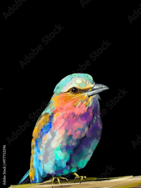 Fototapeta Beautiful watercolor illustration of a vibrant lilac-breasted roller, a striking red parrot, and a majestic flamingo. Perfect for wildlife lovers, tropical art enthusiasts, and nature-inspired designs