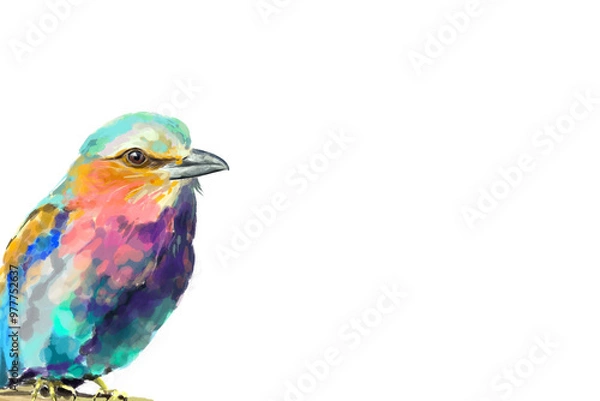 Fototapeta Beautiful watercolor illustration of a vibrant lilac-breasted roller, a striking red parrot, and a majestic flamingo. Perfect for wildlife lovers, tropical art enthusiasts, and nature-inspired designs