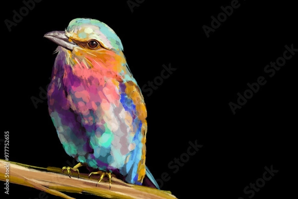 Fototapeta Beautiful watercolor illustration of a vibrant lilac-breasted roller, a striking red parrot, and a majestic flamingo. Perfect for wildlife lovers, tropical art enthusiasts, and nature-inspired designs