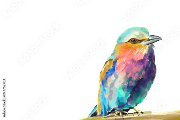 Fototapeta Beautiful watercolor illustration of a vibrant lilac-breasted roller, a striking red parrot, and a majestic flamingo. Perfect for wildlife lovers, tropical art enthusiasts, and nature-inspired designs