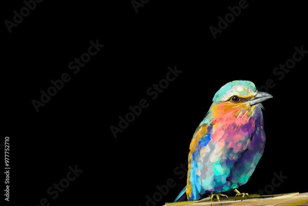 Fototapeta Beautiful watercolor illustration of a vibrant lilac-breasted roller, a striking red parrot, and a majestic flamingo. Perfect for wildlife lovers, tropical art enthusiasts, and nature-inspired designs