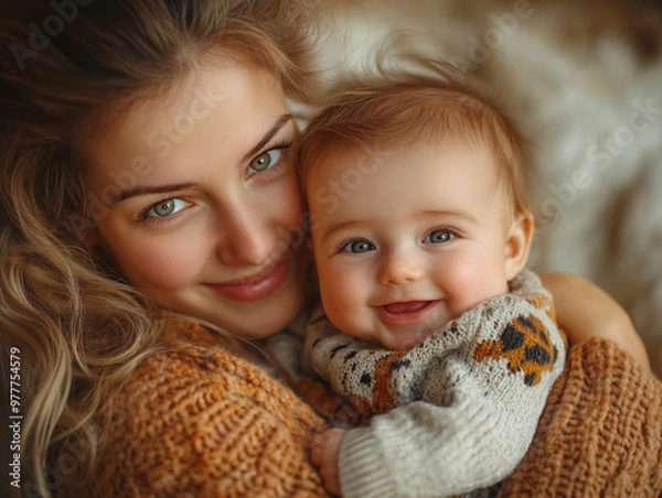 Fototapeta Loving Mother Embracing Her Smiling Baby