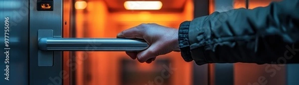 Fototapeta Macro shot of a hand grasping a cold metal push bar on an emergency exit door