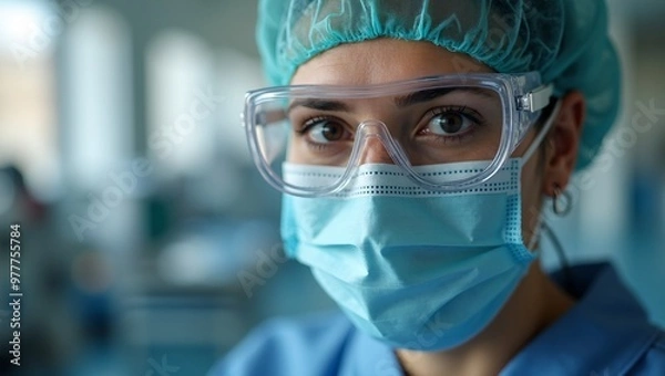 Fototapeta Determined healthcare worker in PPE with soft lighting and blurred hospital equipment in background