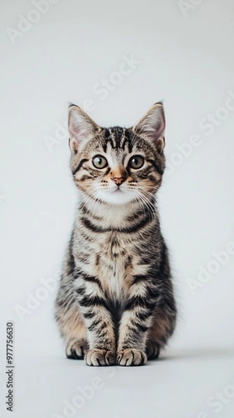 Fototapeta A curious tabby cat sitting gracefully on a minimalistic solid color surface, with its eyes focused on the camera