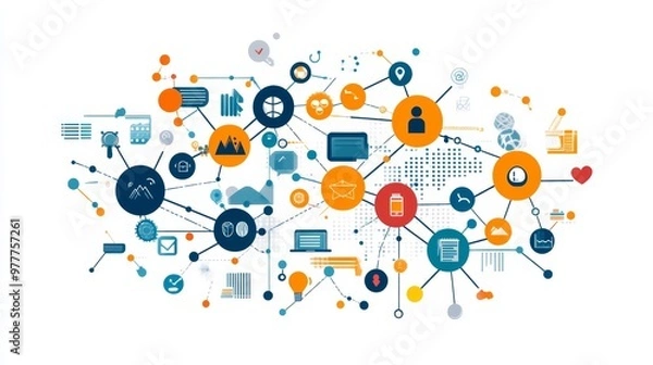 Fototapeta Network diagram illustrating key business elements  analysis, customer service, teamwork, technology