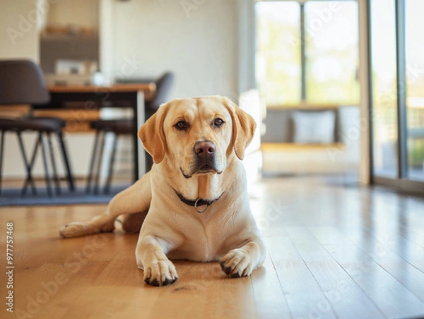 Fototapeta Calm Labrador dog Resting on Wooden Floor