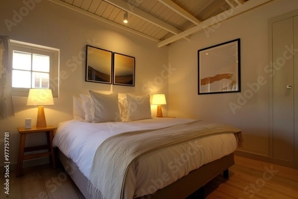 Fototapeta A bedroom with a large bed and a painting on the wall, generative ai image