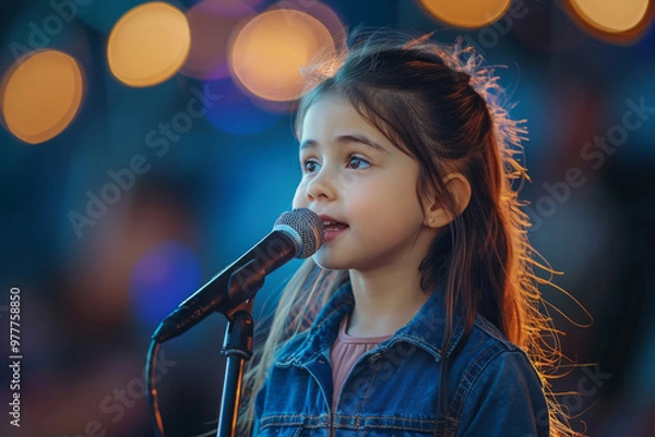 Obraz Little girl singing into microphone on stage