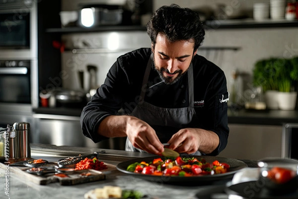 Obraz Private chef preparing a gourmet meal in a modern kitchen