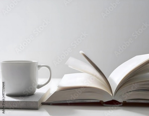 Fototapeta An open book and a coffee or tea cup on a white background, creating a tranquil morning vibe