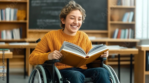 Fototapeta Smiling child in a wheelchair reading a book in a library or classroom with bookshelves and a chalkboard in the background, wearing a yellow sweater.