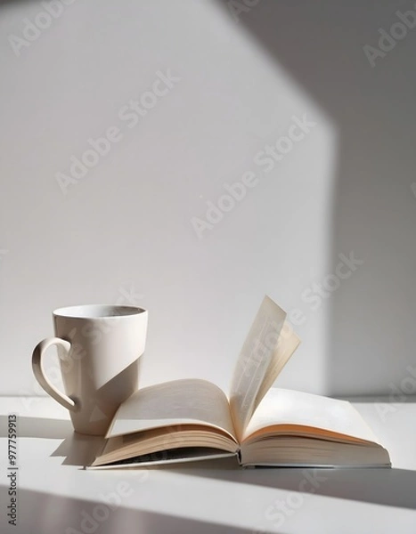 Obraz An open book and a coffee or tea cup on a white background, creating a tranquil morning vibe