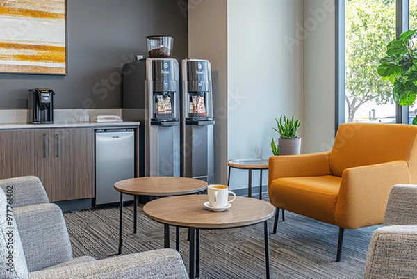 Obraz Office break room with a coffee machine and comfortable seating