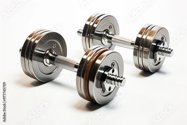 Fototapeta A pair of shiny, metallic dumbbells resting on a white background, ideal for fitness enthusiasts and gym-related themes.