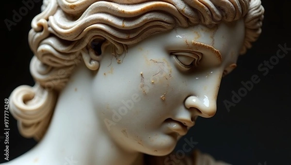 Fototapeta Ancient Greek marble statue head with weathered texture and intricate features