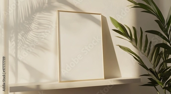 Fototapeta Abstract mockup of a vertical blank poster frame on a shelf in a white room with a window shadow and light