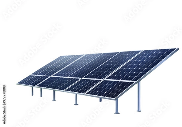 Fototapeta Photovoltaic Panels on the Ground with Green Hills in the Background, Isolated PNG with Transparent Background
