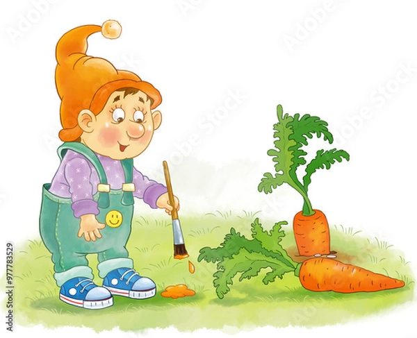 Fototapeta Seven colors of rainbow. A cute funny gnome wearing an orange hat is painting with orange color. Illustration for children. Cute and funny cartoon characters