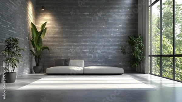 Fototapeta Modern Living Room with Brick Wall and White Sofa - 3D Illustration
