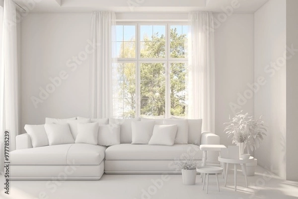 Fototapeta Grey home interior mock-up with sofa, living room concept in scandinavian style 3D illustration