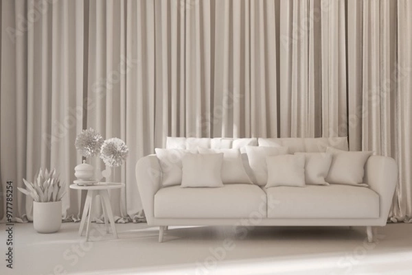 Fototapeta Grey home interior mock-up with sofa, living room concept in scandinavian style 3D illustration