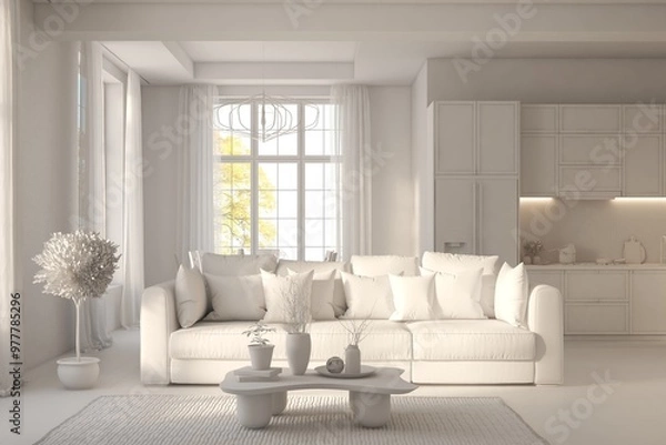 Fototapeta Grey home interior mock-up with sofa, living room concept in scandinavian style 3D illustration
