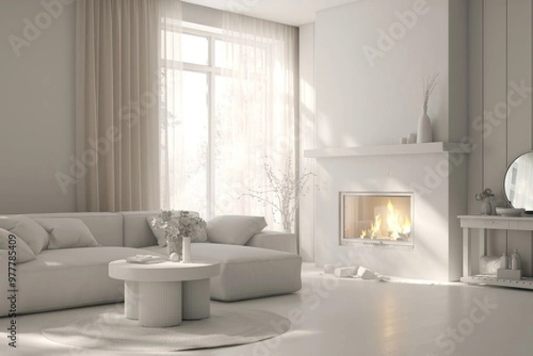 Fototapeta Grey home interior mock-up with sofa, fireplace and modern table, living room concept in scandinavian style 3D illustration