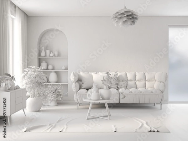 Fototapeta Grey home interior mock-up with sofa, living room concept in scandinavian style 3D illustration