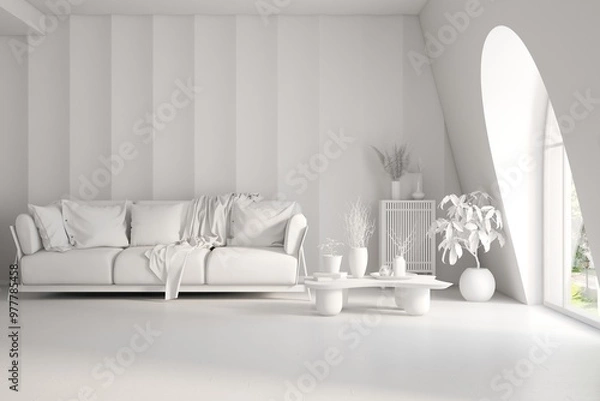 Fototapeta Grey home interior mock-up with sofa, living room concept in scandinavian style 3D illustration