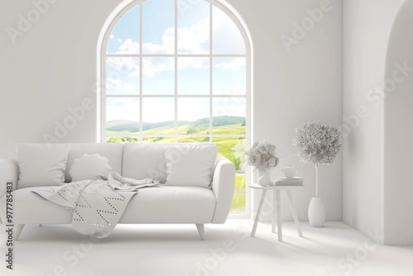 Fototapeta Grey living room concept with sofa and summer landscape in window. Scandinavian interior design. 3D illustration