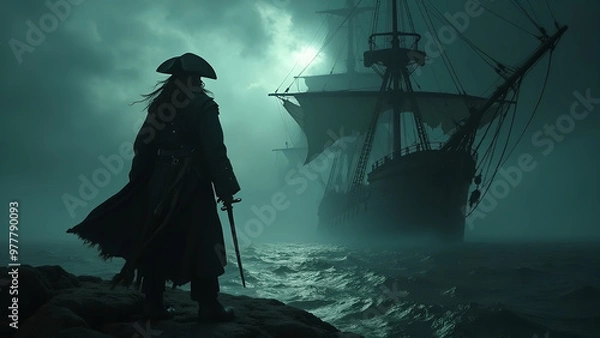 Fototapeta Mysterious pirate with sword gazing at ghost ship in foggy night