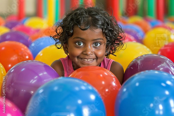Fototapeta indu child playing in a pool of colorful balloons looking at camera, happiness, child care, horizontal,