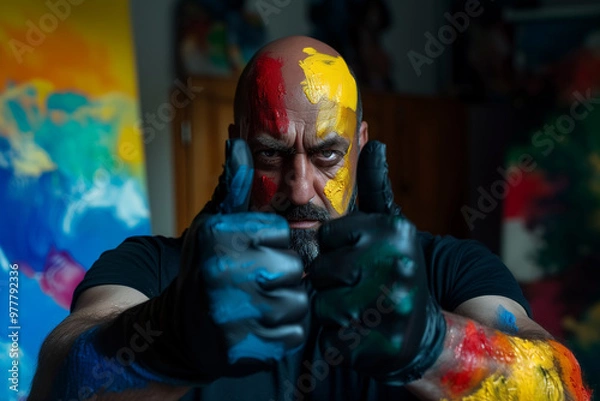 Fototapeta man with black gloves and hard look painted with the colors of his national team, making a positive gesture with his thumbs up looking at the camera., horizontal, spain,