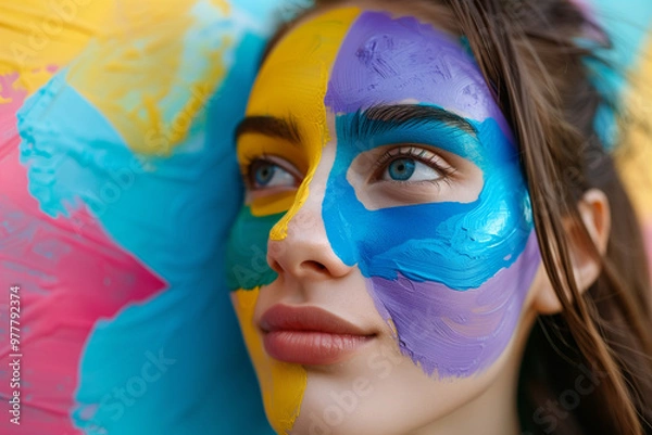 Fototapeta close-up of melancholic looking woman with painted face next to a wall with the same painting pattern, space for text, copy espace, colorful