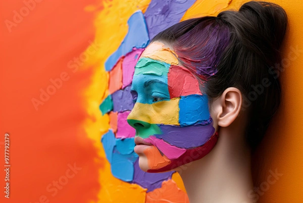 Fototapeta close-up of woman with painted face next to a paren with the same painting pattern, warm background, space for text, copy espace, colorful