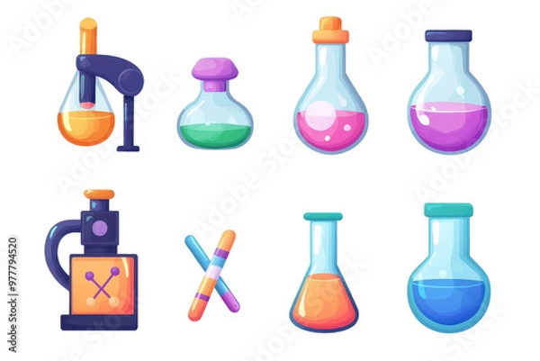Fototapeta Colorful laboratory equipment icons with beakers, test tubes, flasks, and microscopes, perfect for science, research, and educational purposes.