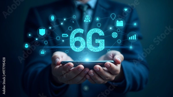 Fototapeta Businessman holding 6G network concept with digital icons