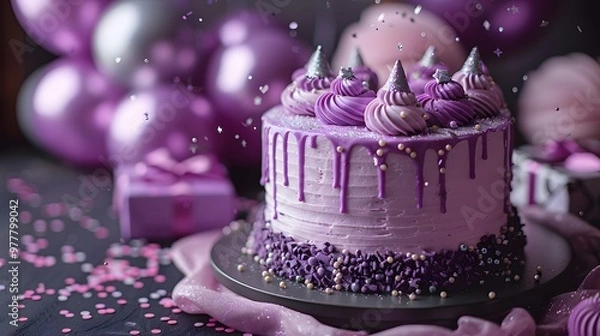 Obraz Elegant purple birthday cake with frosting, sprinkles, and matching balloons on dark background. Flat lay composition for birthday party, event marketing, or celebration design