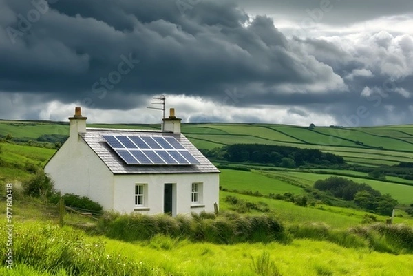 Obraz Solar Panels Installed On A Small Rural Cottage In Ireland, Solar Photography, Solar Powered Clean Energy, Sustainable Resources, Electricity Source, Ireland Solar Installation