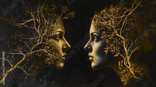 Obraz Art Painting for Pictures with Two Human Faces Blended with Nature, Facing Each Other, Abstract Image, Texture, Pattern Background, Wallpaper, Cover and Screen for Smartphone, PC, Laptop, 9:16 and 16: