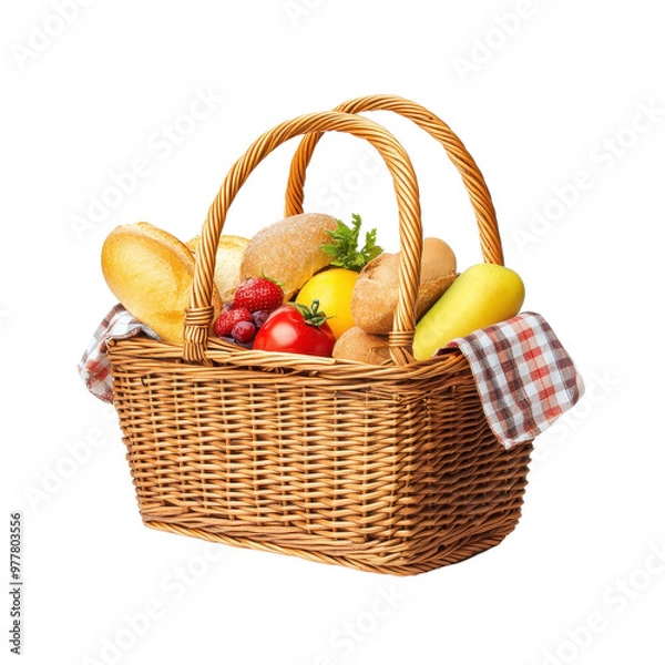 Obraz A beautiful wicker basket filled with fresh fruits and bread, perfect for picnic or healthy meal inspiration. PNG file, Transparent background.