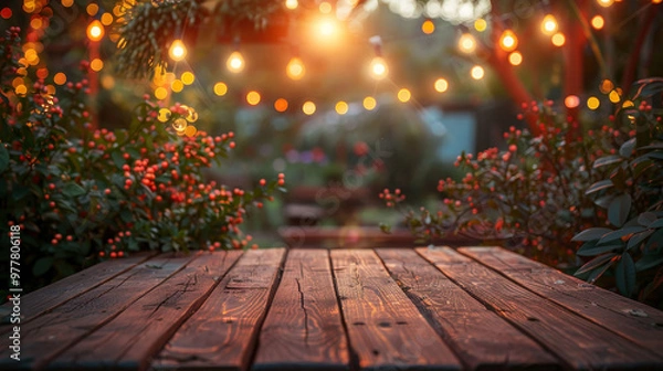 Fototapeta A serene outdoor setting with warm lights and vibrant flowers, perfect for gatherings and cozy evenings in nature.