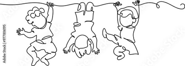 Obraz Little children boys and girl playing on branch of tree. Continuous One line drawing