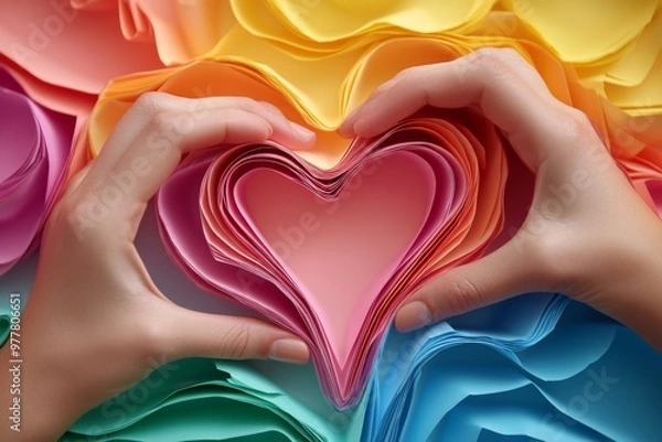 Fototapeta Hands forming a heart around a colorful layered design symbolizing love care and connection in a vibrant and abstract artistic representation of emotional bonds
