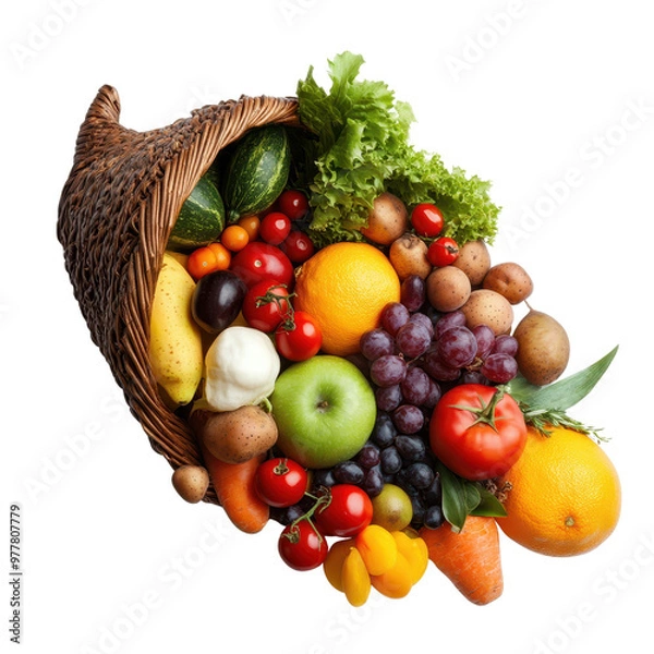 Obraz A vibrant cornucopia filled with fresh fruits and vegetables, capturing the essence of harvest and abundance. PNG file, Transparent background.
