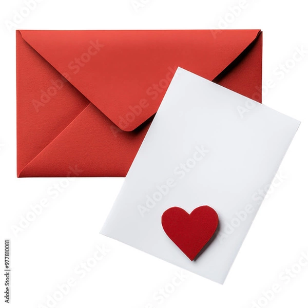 Obraz A vibrant red envelope and a blank greeting card with a heart decoration, perfect for love notes and special occasions. PNG file, Transparent background.