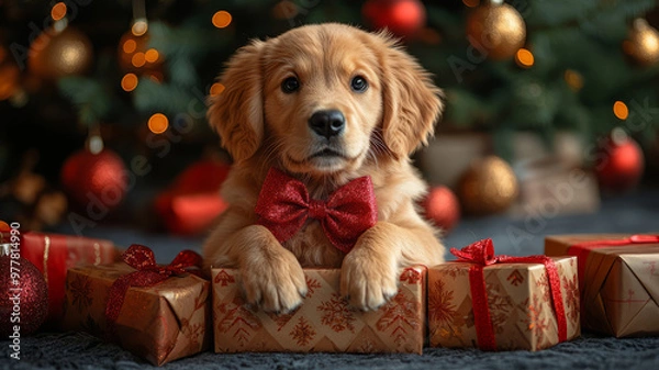 Fototapeta a golden retriever puppy wearing big red bow in a christmas present box under a Christmas tree