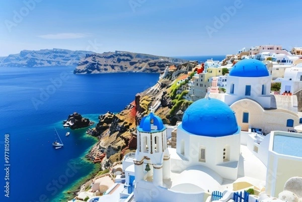 Fototapeta A Photography of The iconic white-washed buildings and blue-domed churches of Santorini, overlooking the crystal-clear waters of the Aegean Sea, capturing the essence of Greek island paradi